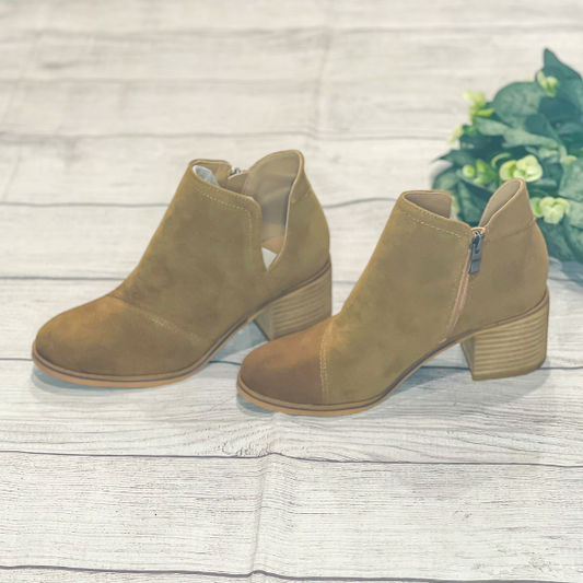 Tan sueded heeled booties with cut out ankle detail on the side with side zip closure