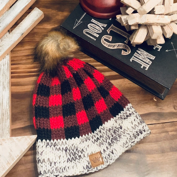 Black/Gray/Red Buffalo Check Stocking Hat