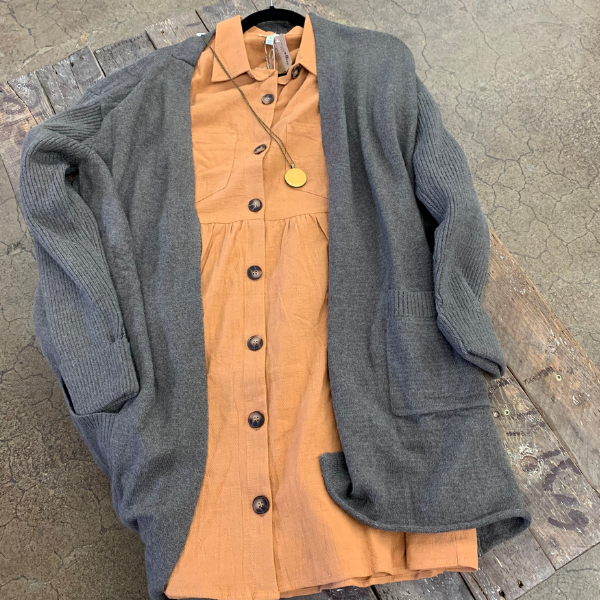 Mustard button down shirt dress