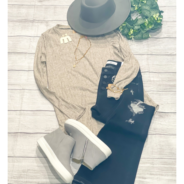 Oatmeal Ribbed Knit Long Sleeve Top