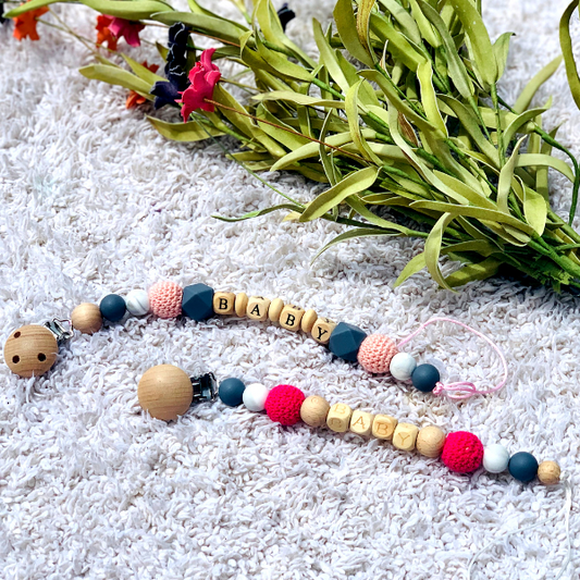 Wooden lettered pacifier clips