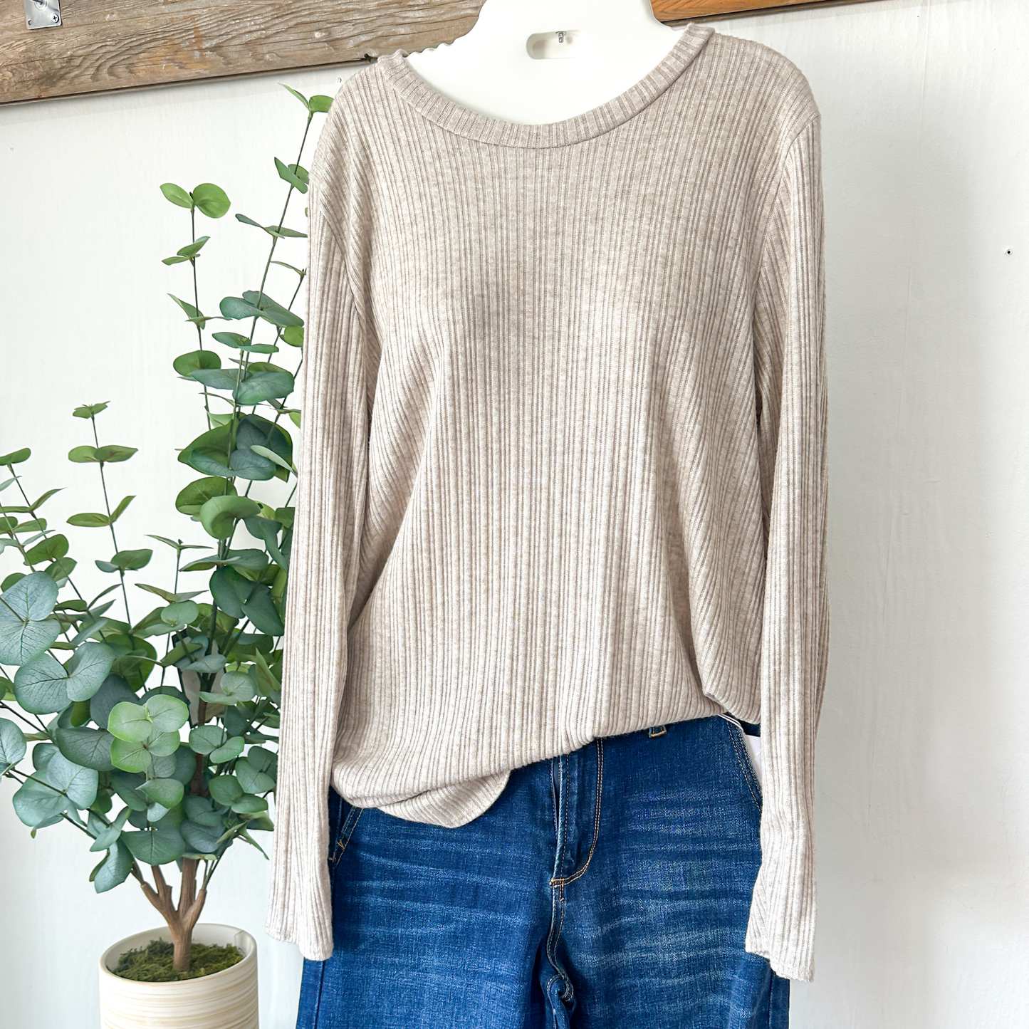 Oatmeal Ribbed Knit Long Sleeve Top