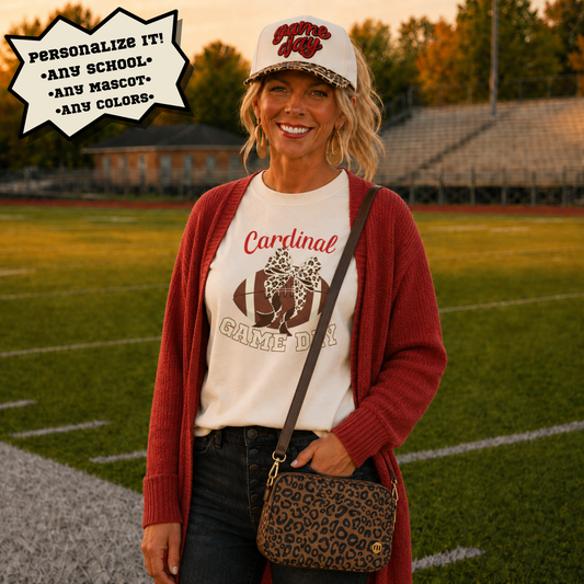 School spirit cheetah bow football game day tshirt