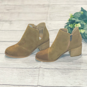 Tan sueded heeled booties with cut out ankle detail on the side with side zip closure 